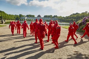 50 Greenpeace activists demonstrate for the protection of the oceans at the G20 Conference on Plastic Rubbish in Bremen. Representatives of the 20 most significant Industry and threshold countries meet to discuss ways to reduce the amounts of plastic rubbish in the oceans. 50 activists in bright red survival suits form the letters ‘ACT’ together with a swimming banner saying “for plastic free oceans” in a lake near the conference venue. Banner reads "Macht die Meere Plastikfrei" and in English "Act for plastic-free oceans". Activists preparing to take to the water. 50 Greenpeace-Aktivisten demonstrieren fuer den Schutz der Meere vor der G20-Konferenz zu Plastikmuell in Bremen. Vertreter der 20 wichtigsten Industrie- und Schwellenlaender diskutieren auf Einladung der Bundesregierung Wege, wie sich die wachsende Menge Plastikmuell in den Meeren reduzieren laesst. Im See vor dem Tagungshotel formen die Aktivisten in Ueberlebensanzuegen schwimmend das englische Wort „ACT“.Au den Bannern steht: "Macht die Meere Plastikfrei" und in English "Act for plastic-free oceans". Aktivisten auf den Weg ins Wasser.