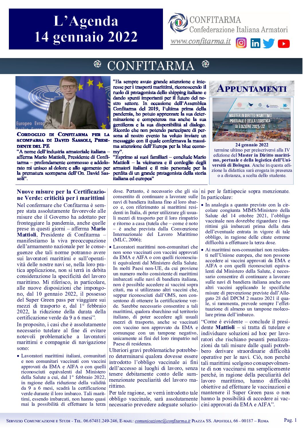 Confitarma:L’agenda  del 14 gennaio 2022