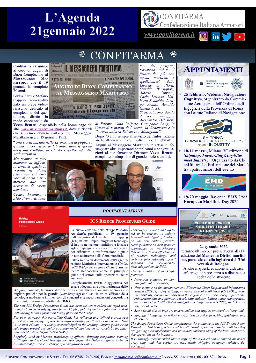 Confitarma : L’agenda del 21 Gennaio 2022