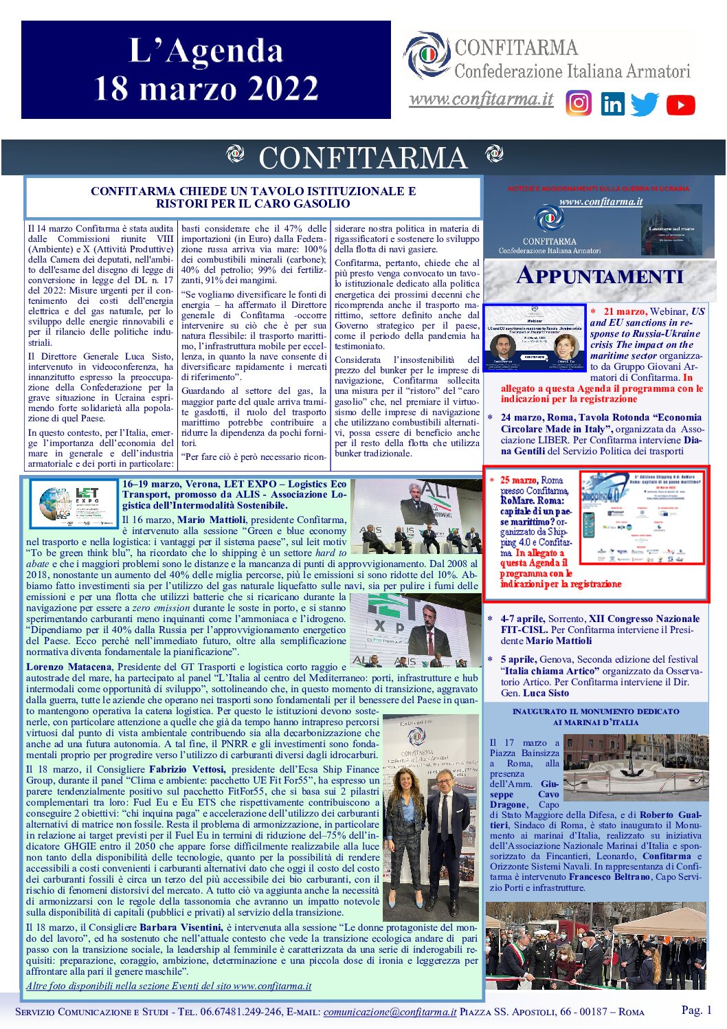 Confitarma : L’Agenda del 18 Marzo 2022