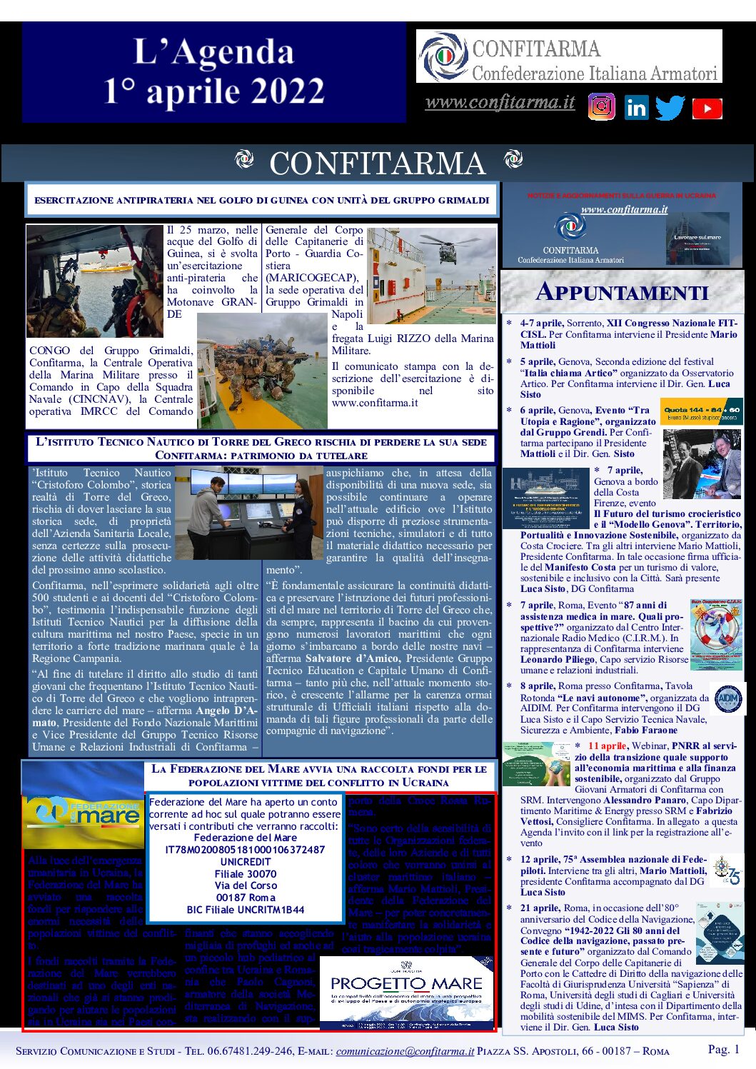 Confitarma : L’agenda del 1 Aprile 2022
