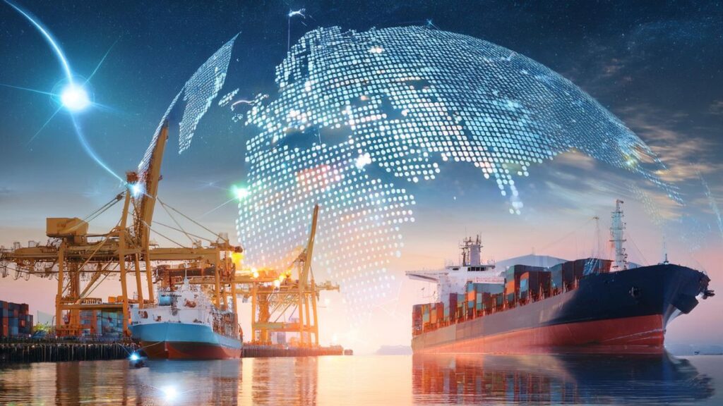 Visualizzazione di navi portacontainer e infrastrutture portuali con rete satellitare digitale per servizi di intelligence marittima.
