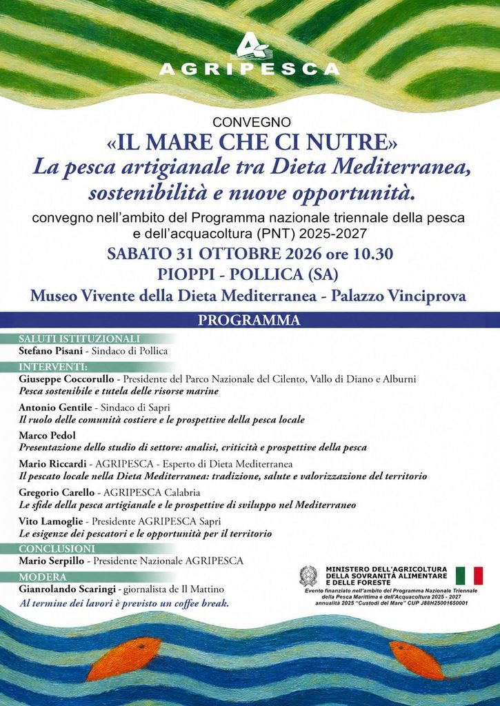 Locandina Agripesca del convegno Il mare che ci nutre, in programma il 31 ottobre 2026 a Pioppi, Pollica